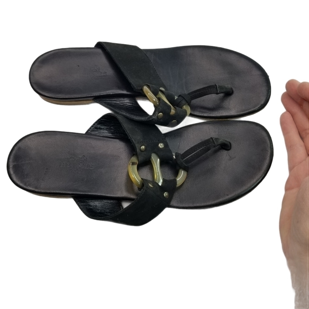 Vtg 90s Y2k Hermes Suede Thong Black Horn Ring Medallion sandals - Picture 14 of 16
